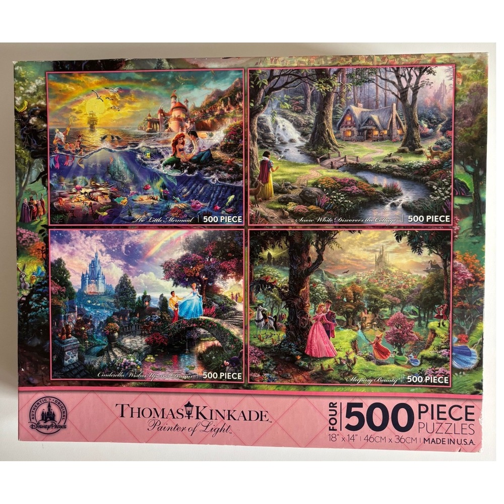 Disney Parks Thomas Kinkade 4-Pack 500 Piece Puzzles Little Mermaid Cinderella